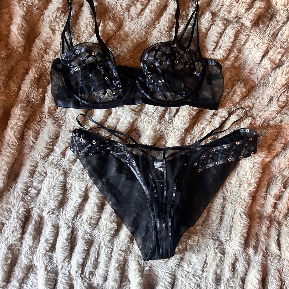 Honey Birdette Black Leather & Grommet Lingerie Set